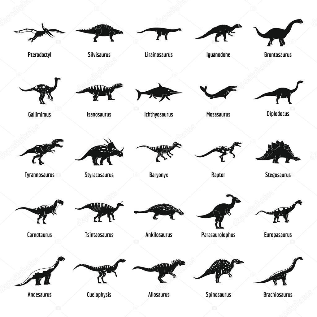 Dinosaur types signed name icons set, simple style