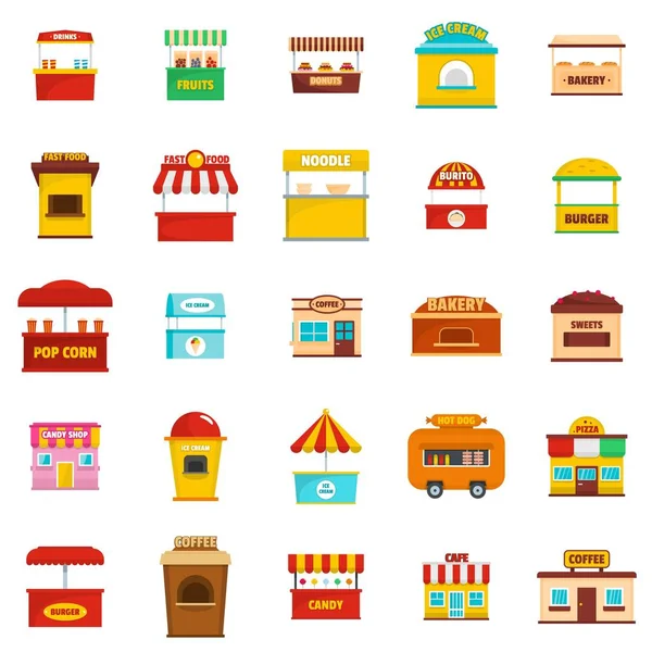 Conjunto de ícones de vetor de quiosque de comida de rua, estilo plano — Vetor de Stock