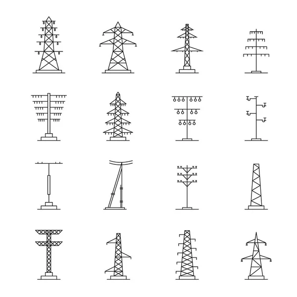 Elektrische Turmspannung Symbole gesetzt, Umriss Stil — Stockvektor