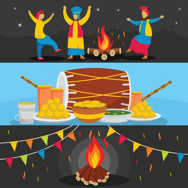 Set di banner per festival Happy Lohri, stile piatto — Vettoriale Stock