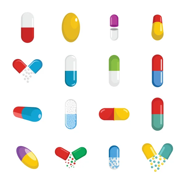 Kapsül pill tıp Icons set, düz stil — Stok Vektör