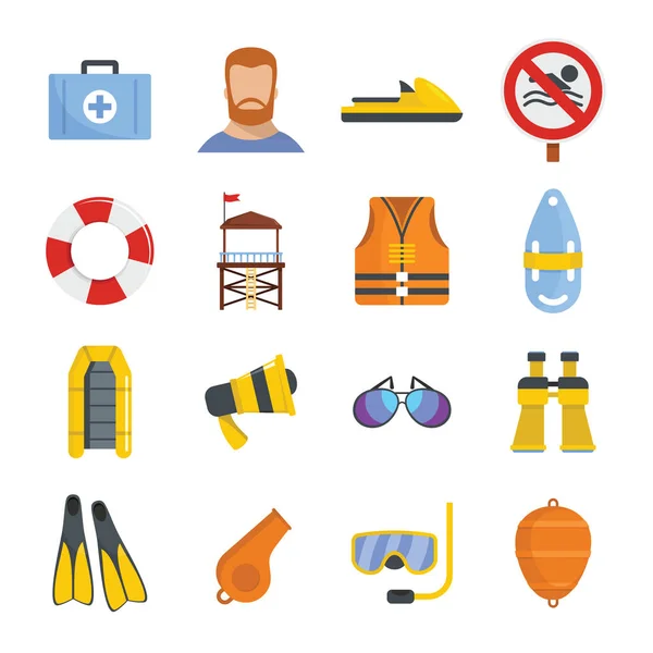 Lifeguard save icons set, flat style — Stock Vector