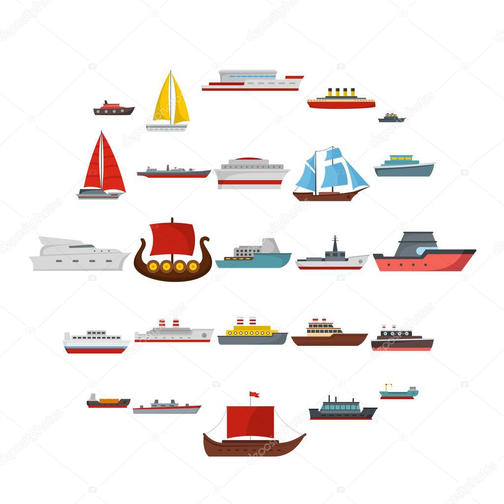 Ship and boats icons set, flat style