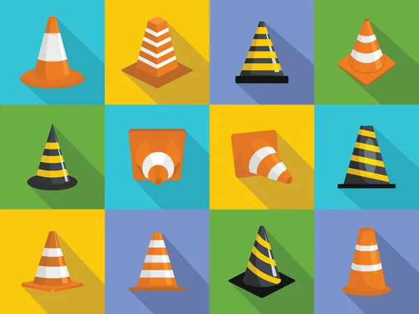 Traffic cone icons set, flat style — Stock Vector