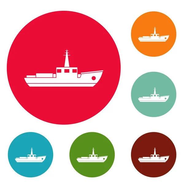 Nave icone di pesca cerchio insieme vettore — Vettoriale Stock