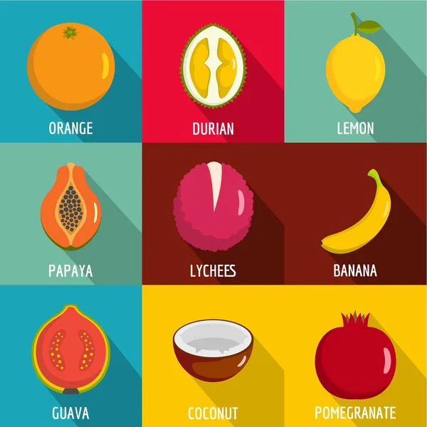 Vitamina em conjunto de ícones frutados, estilo plano — Vetor de Stock