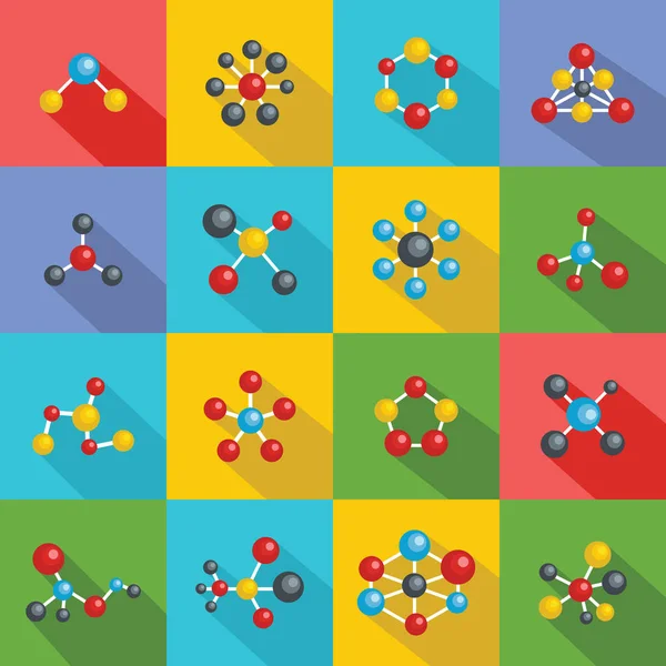 Moleküler yapısı kimyasal Icons set, düz stil — Stok Vektör