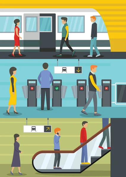 Ensemble de concept de bannière de station de métro, style plat — Image vectorielle