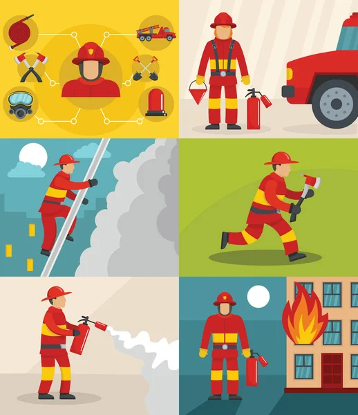Ensemble de concept de bannière de pompier, style plat — Image vectorielle