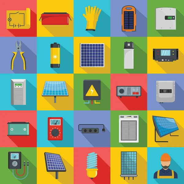 Set di icone di apparecchiature ad energia solare, in stile piatto — Vettoriale Stock