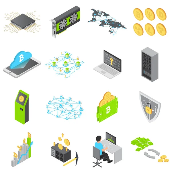 Conjunto de ícones de tecnologia Blockchain, estilo isométrico — Vetor de Stock