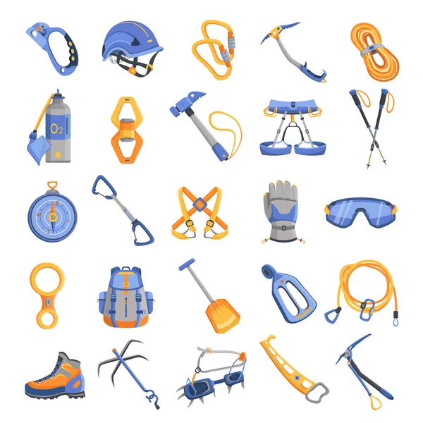 Комплект иконок альпинистского оборудования, стиль мультфильма — стоковый вектор