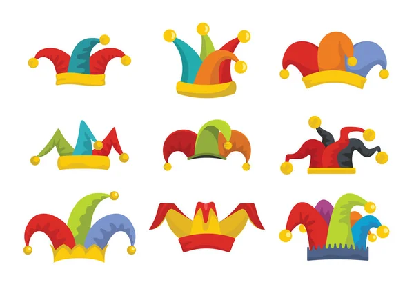 Jester fools hat icons set flat style — Stock Vector