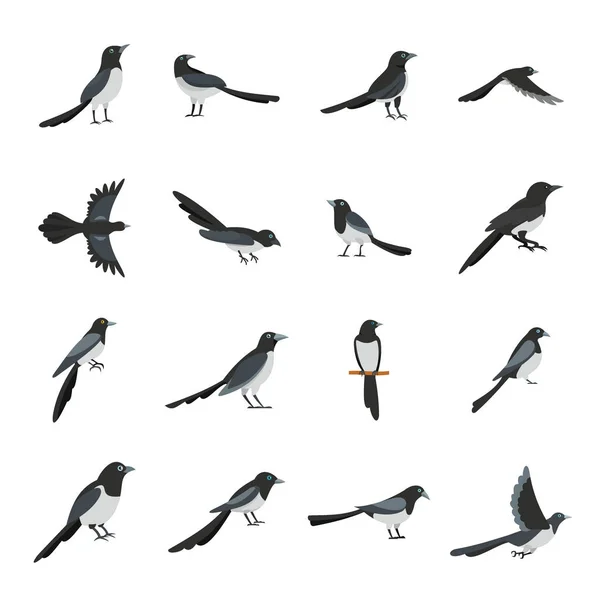 Urraca cuervo iconos de aves conjunto de estilo plano — Archivo Imágenes Vectoriales