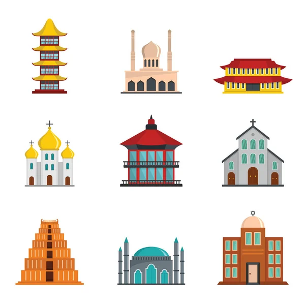 Templo torre castillo iconos conjunto de estilo plano — Vector de stock