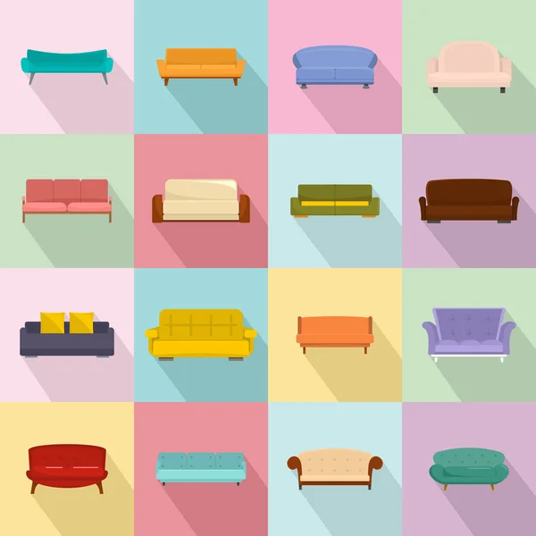 Sofa chair room couch icons set, flat style — Stock Vector