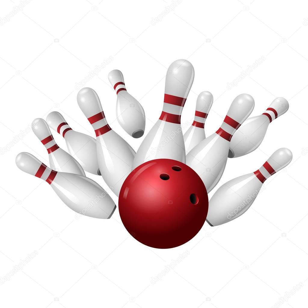 Bowling strike icon, realistic style