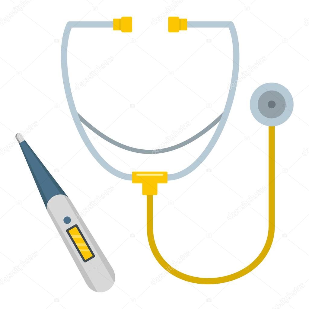 Stethoscope and thermometer icon, flat style