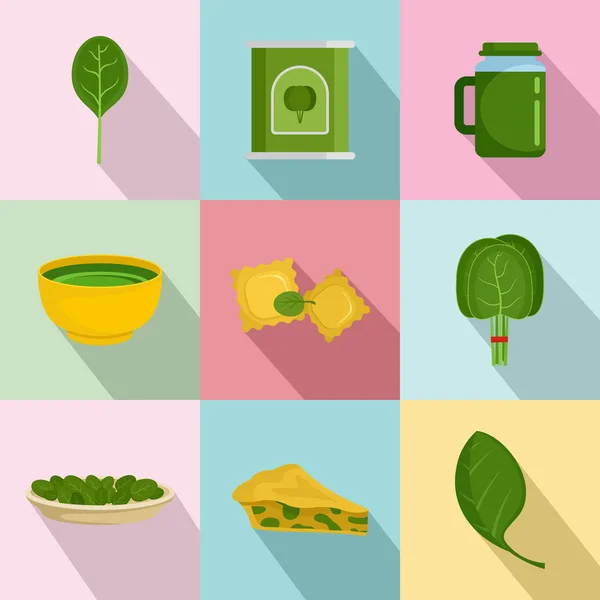Spenat blad grönsaker ikoner set, platt stil — Stock vektor