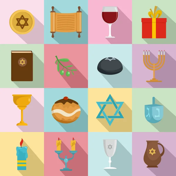 Chanukah Joodse vakantie pictogrammen instellen, vlakke stijl — Stockvector