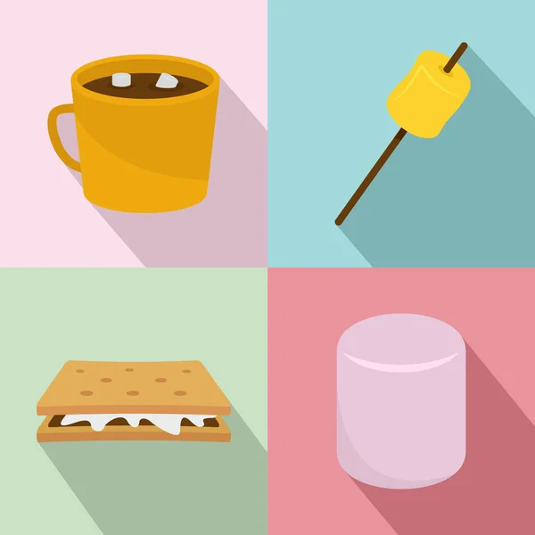 Malvavisco smores caramelo iconos conjunto de estilo plano — Vector de stock