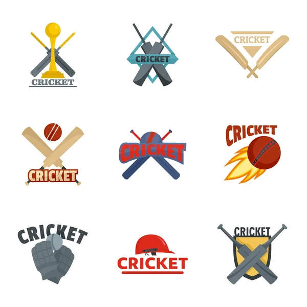 Cricket sport ball bat logo icons set, flat style