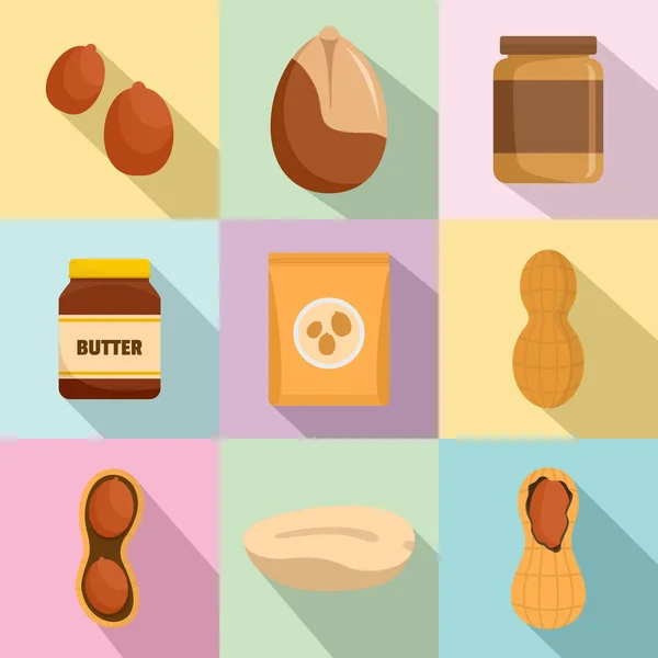Ensemble d'icônes de pot de beurre de cacahuètes, style plat — Image vectorielle