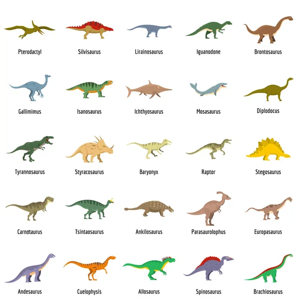 Tipos de dinossauros nome assinado ícones conjunto vetor isolado — Vetor de Stock