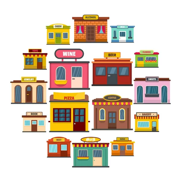 Store facade front shop icons set, flat style