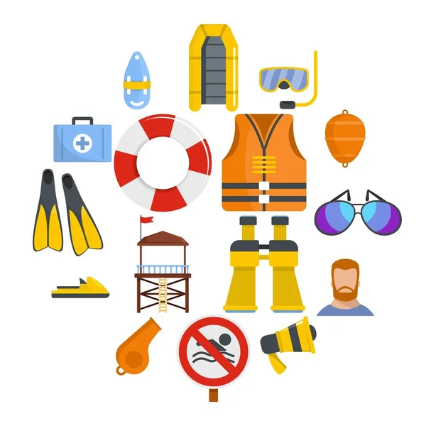 Lifeguard save icons set, flat style — Stock Vector