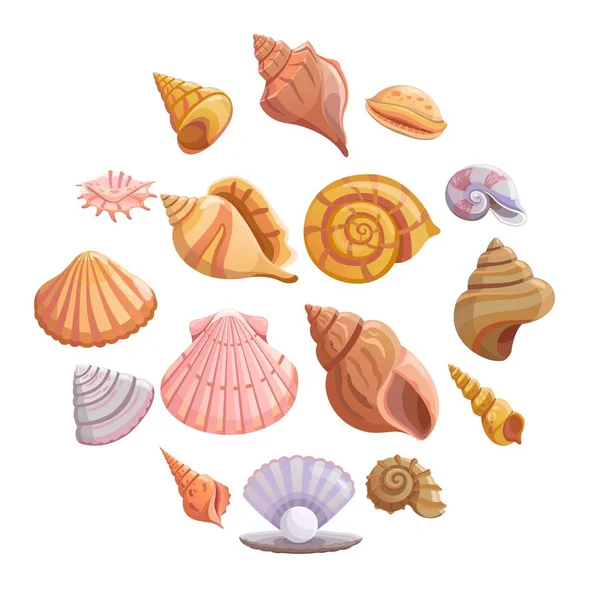 Ensemble d'icônes de plage coquille de mer, style dessin animé — Image vectorielle