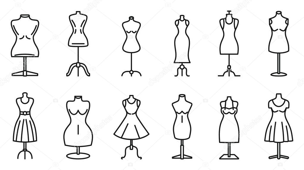 Mannequin atelier icons set, outline style