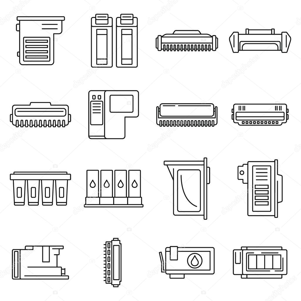 Printer cartridge icons set, outline style