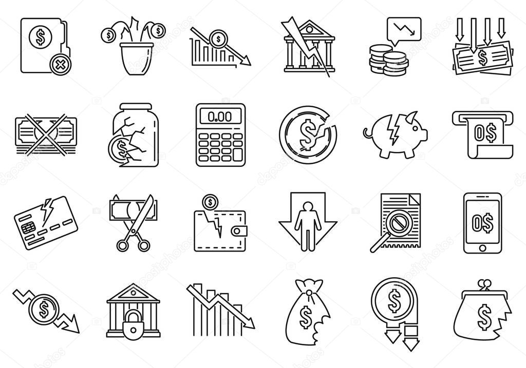 Bankrupt business icon set, outline style