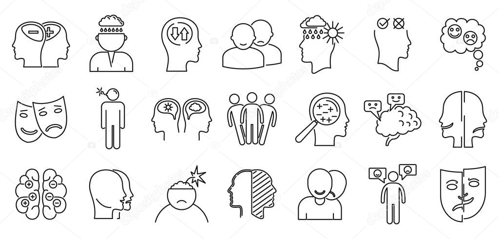 Bipolar disorder disease icon set, outline style