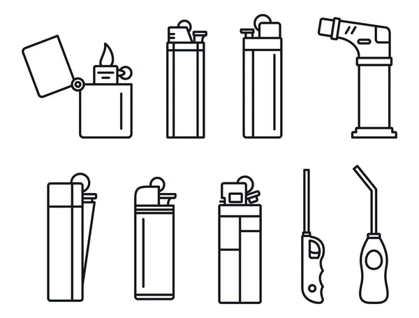 Flamme Zigarettenanzünder Symbole gesetzt, Umriss Stil — Stockvektor