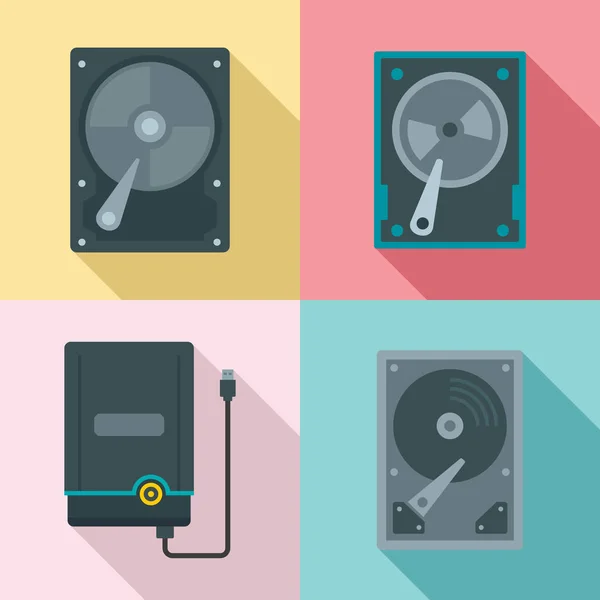 Set di icone del disco rigido, stile piatto — Vettoriale Stock