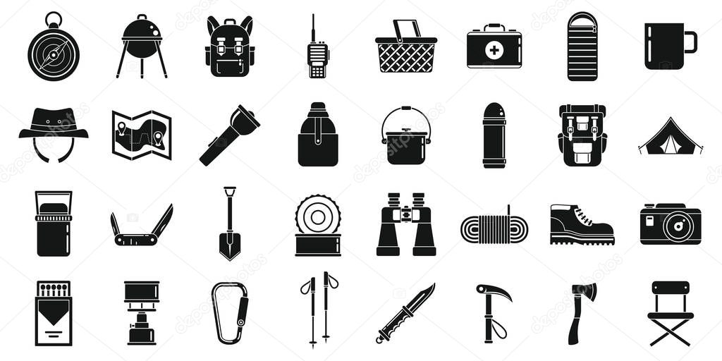 Hiking equipment icons set, simple style