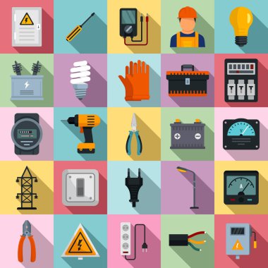 Electrician service icons set, flat style