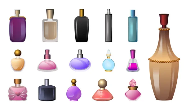 Ensemble d'icônes de bouteilles de parfum, style dessin animé — Image vectorielle