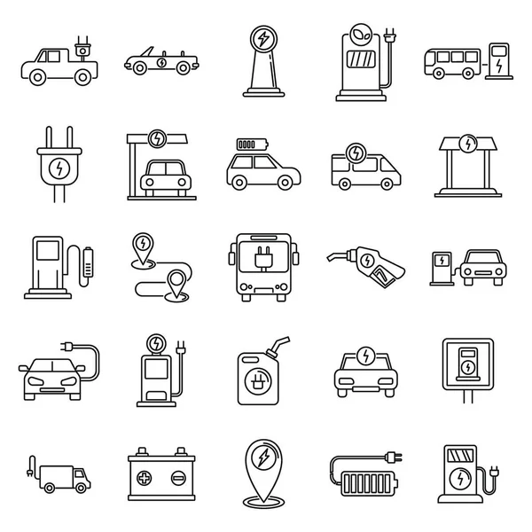 Conjunto de iconos de coche de reabastecimiento eléctrico, estilo de contorno — Vector de stock