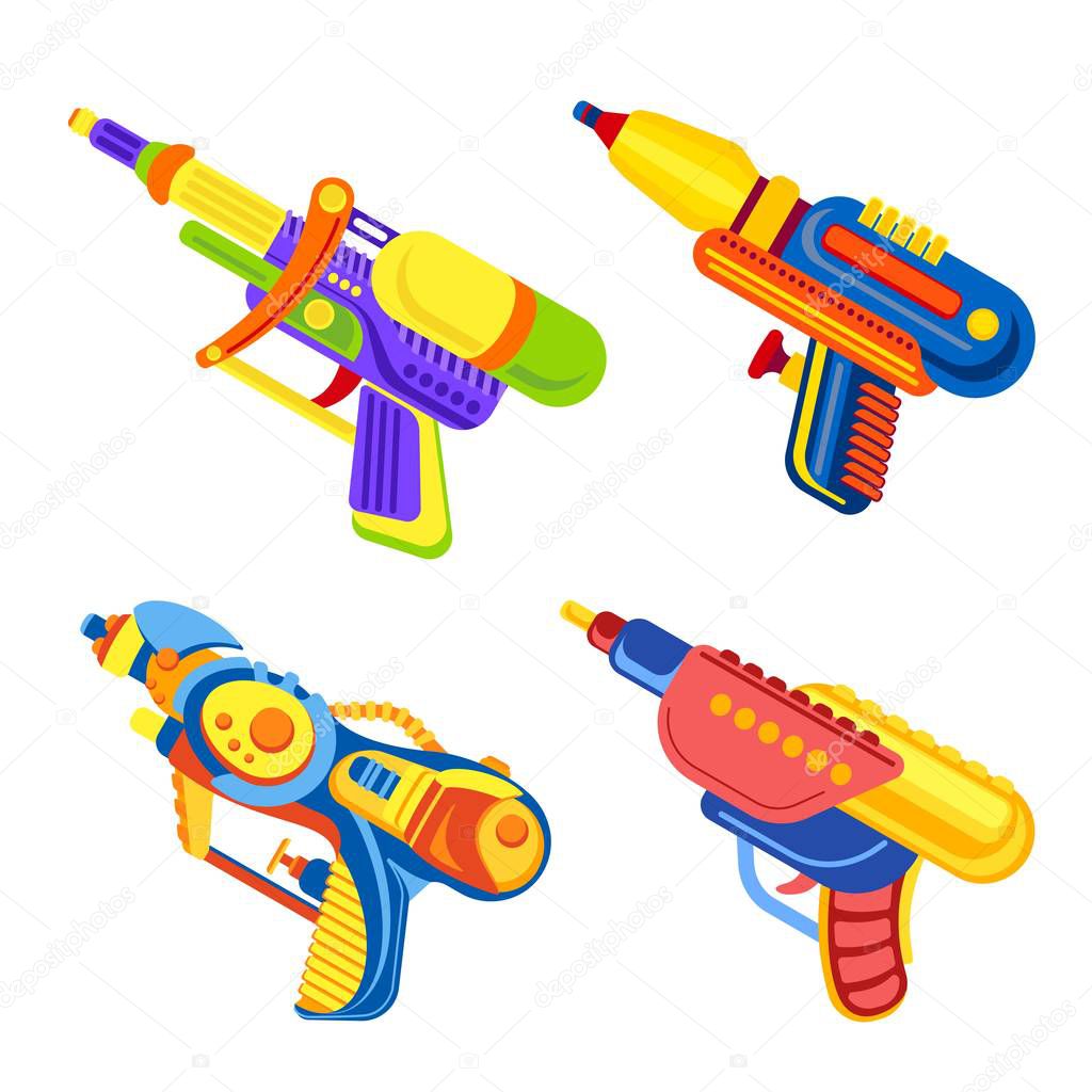 Squirt gun icons set, cartoon style