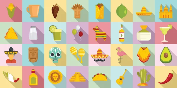 Set ikon Meksiko, gaya datar - Stok Vektor