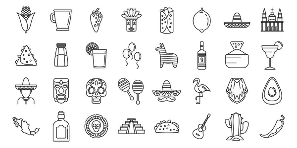 Conjunto de iconos de fiesta de México, estilo de esquema — Vector de stock