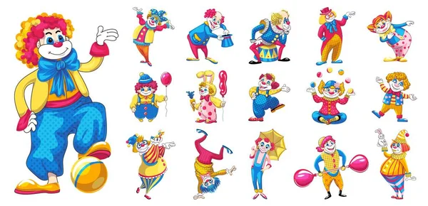 Set di icone clown, stile cartone animato — Vettoriale Stock