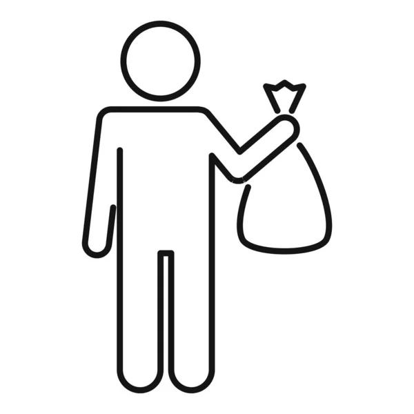 Homme prendre sac poubelle icône, style contour — Image vectorielle