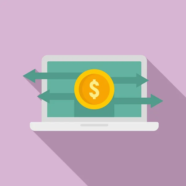 Icono de transferencia de dinero para computadora portátil, estilo plano — Vector de stock