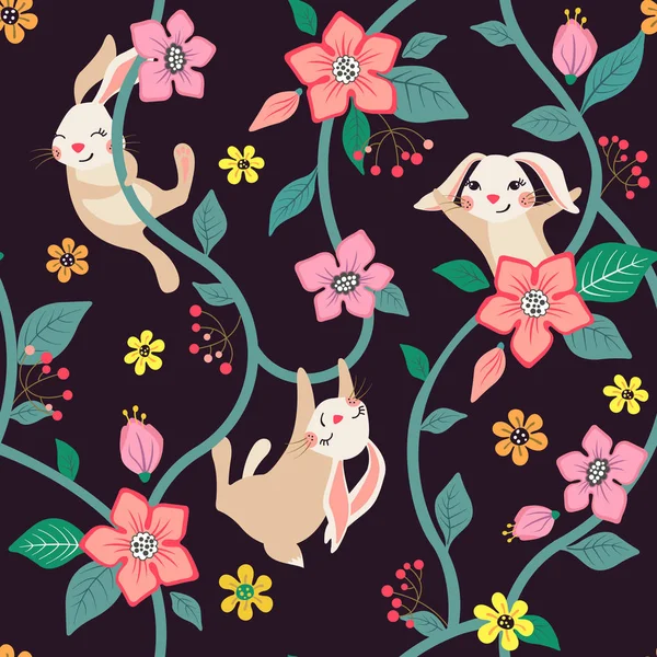 Sömlös blommönster med söta kaniner. — Stock vektor
