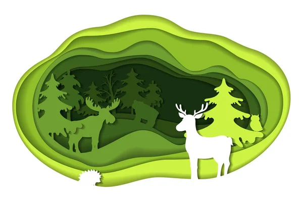 Papír művészet faragott táj erdei állatok. — Stock Vector