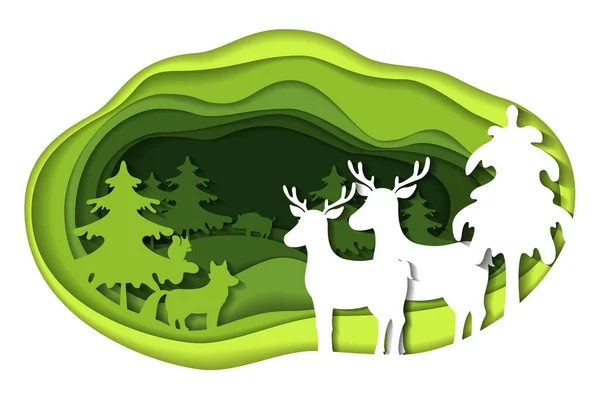 Papel arte talla de paisaje con animales del bosque . — Vector de stock